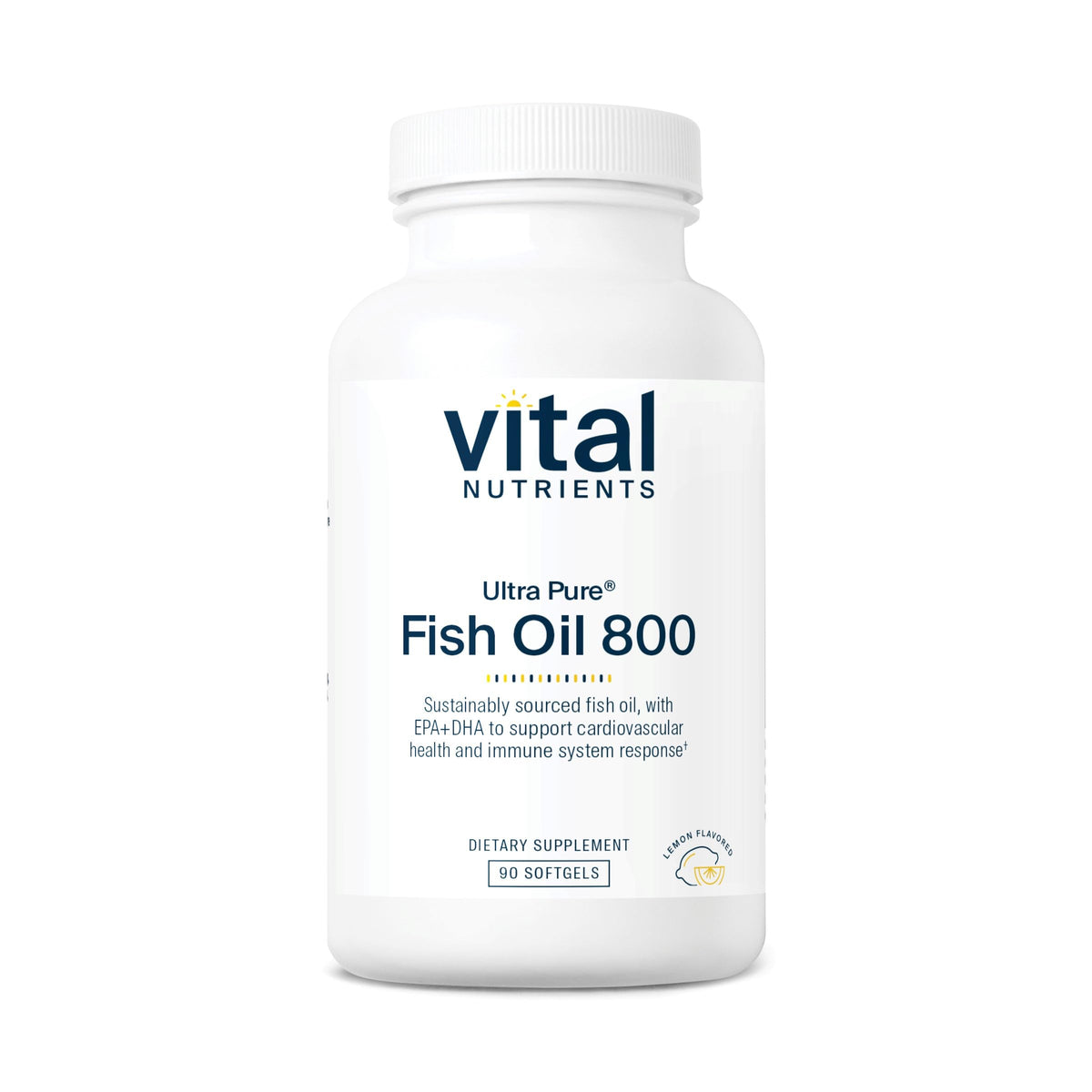 Front view of Vital Nutrients Ultra Pure Fish Oil 800 bottle with lemon flavor