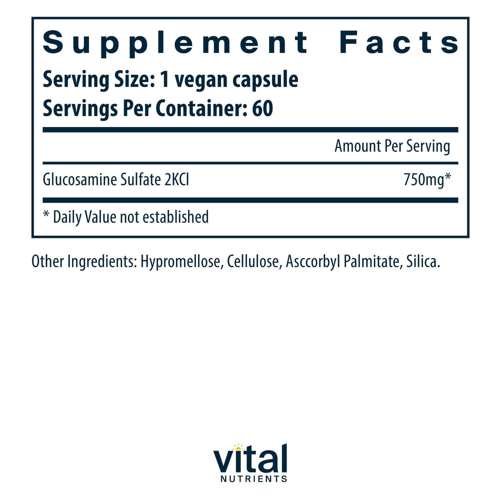 Back packaging of Vital Nutrients vegan glucosamine sulfate 750mg 60 capsules