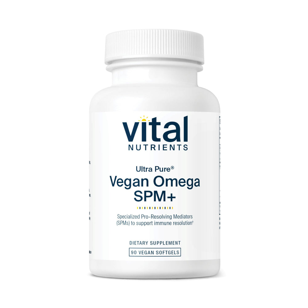 Bottle of Vital Nutrients Ultra Pure Vegan Omega SPM+ on a white background