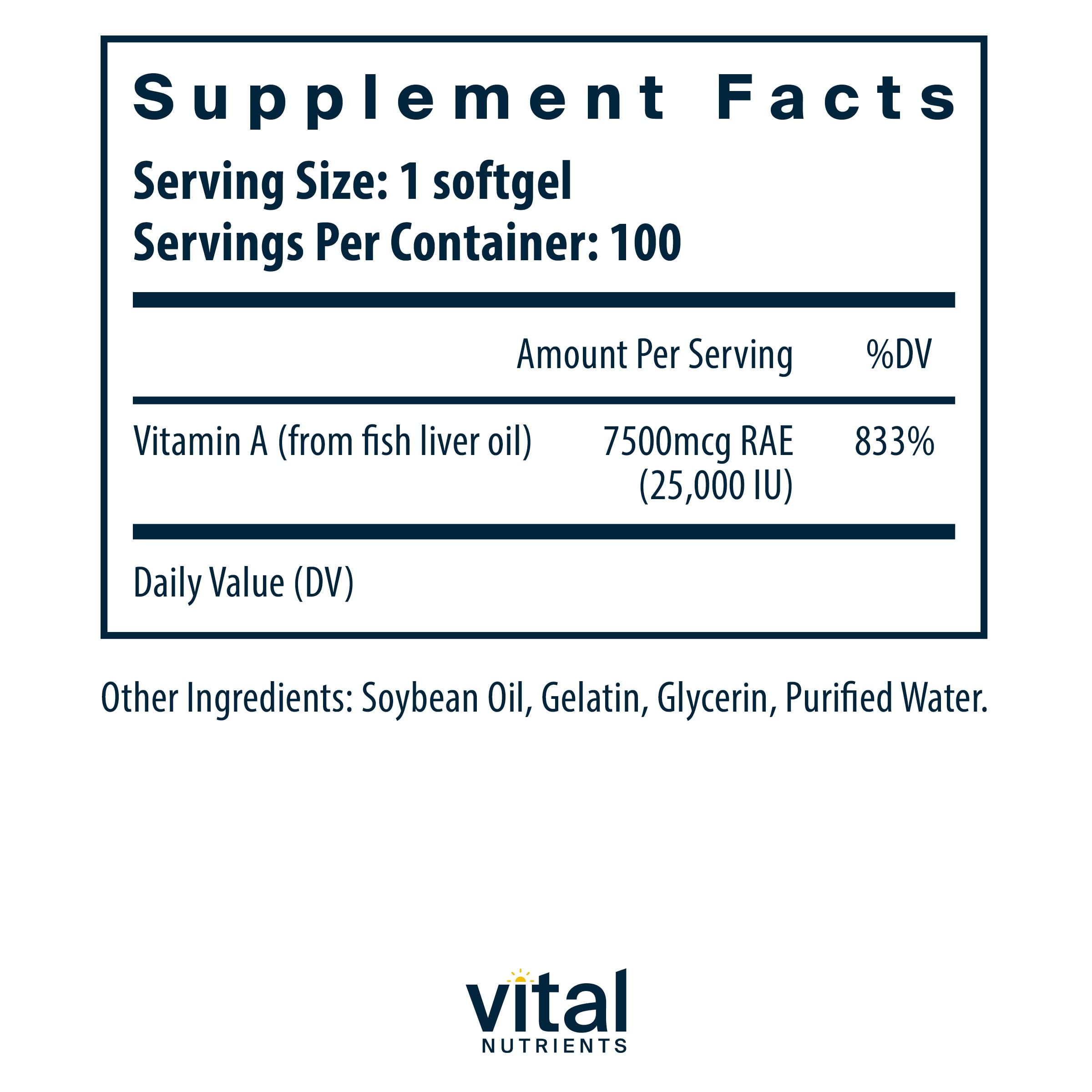 Vitamin A 7500mcg RAE supplement facts panel