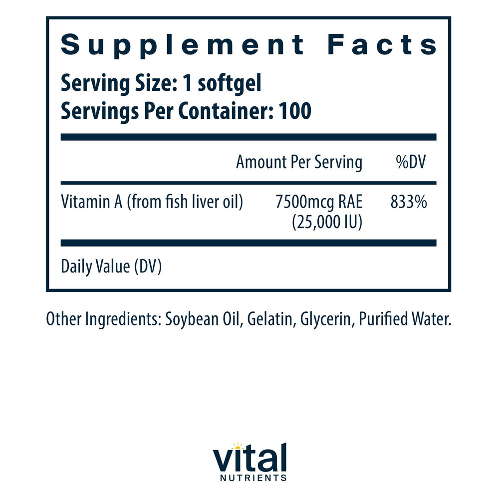 Vitamin A 7500mcg RAE supplement facts panel