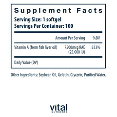 Vitamin A 7500mcg RAE supplement facts panel