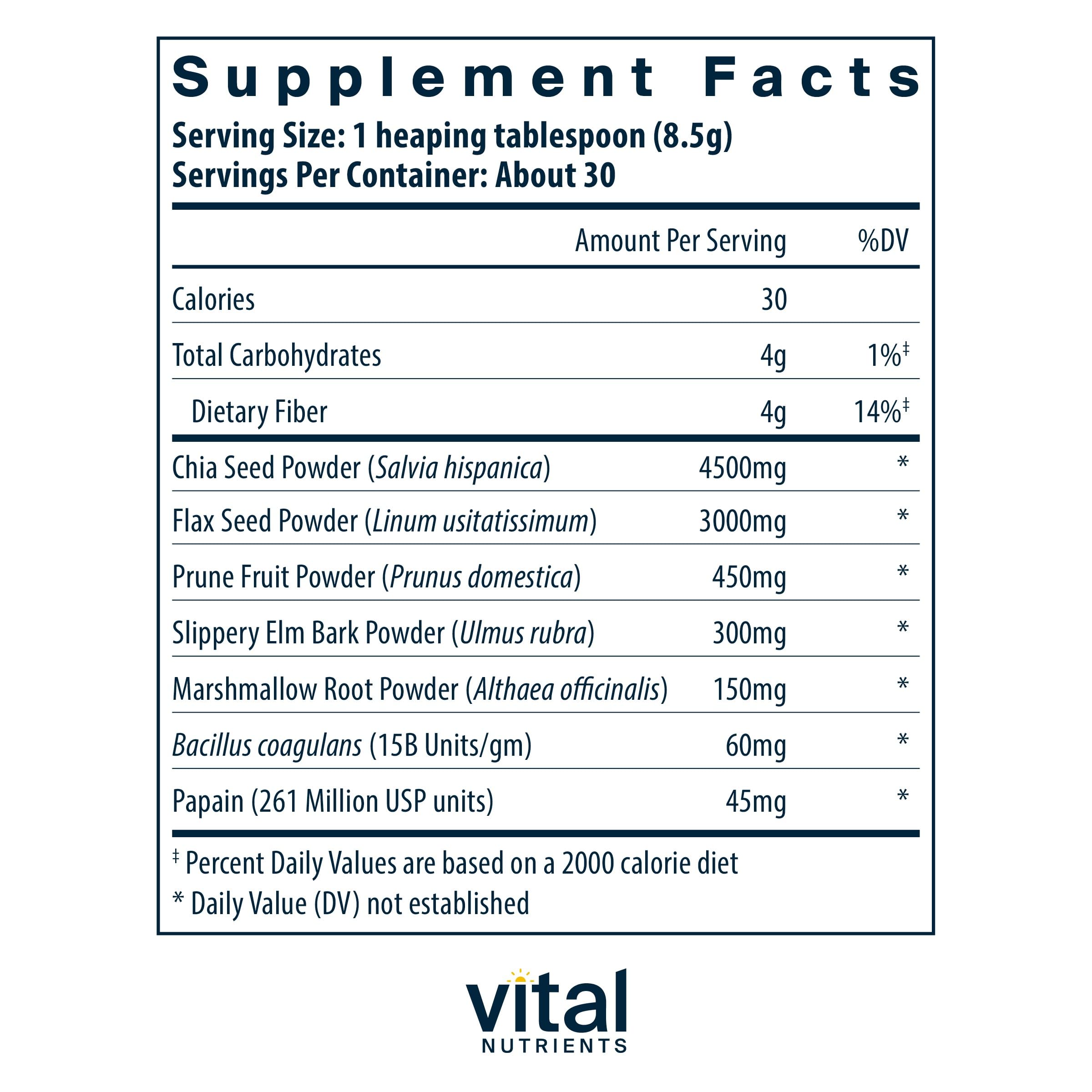 Label and nutrition information for Vital Nutrients Whole Fiber Fusion Powder