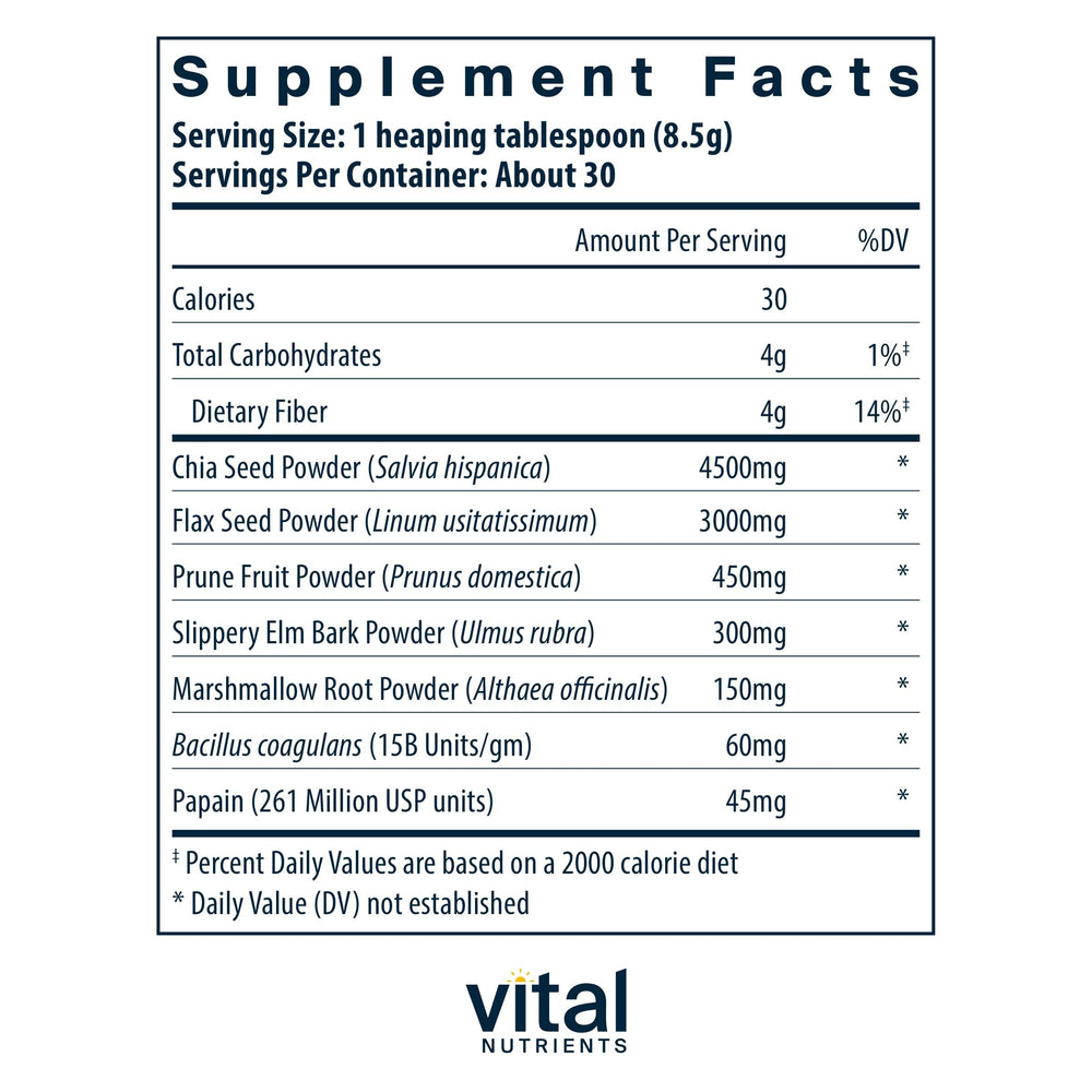 Label and nutrition information for Vital Nutrients Whole Fiber Fusion Powder