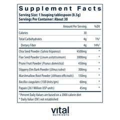 Label and nutrition information for Vital Nutrients Whole Fiber Fusion Powder
