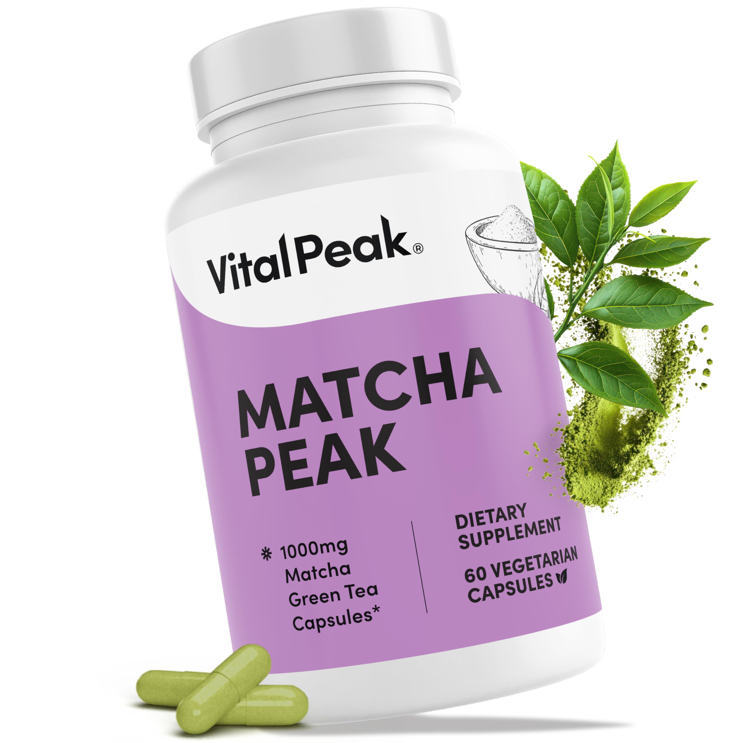 Front view of Vital Peak Matcha 1000 mg capsules