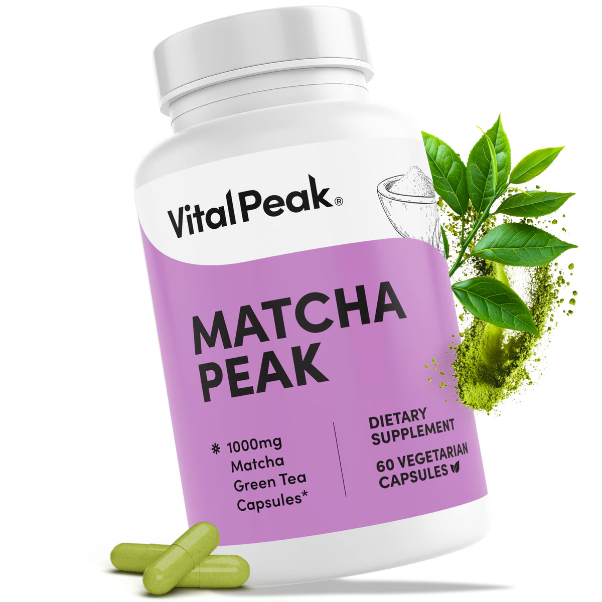 Front view of Vital Peak Matcha 1000 mg capsules