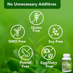 Plant-based enzyme icons on packaging: amylase, alpha-galactosidase, protease, lipase