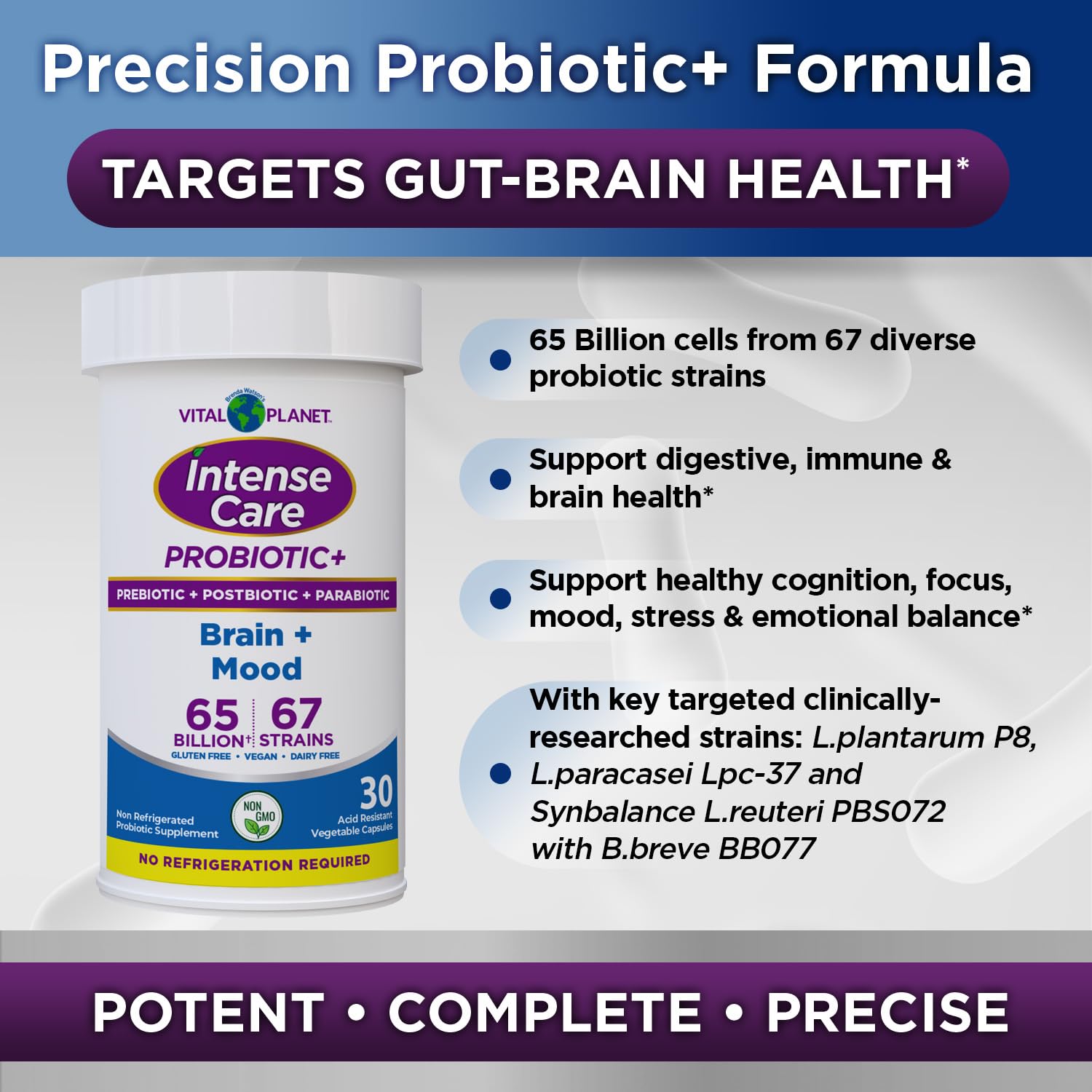 Supplement facts showing organic prebiotics and postbiotic components