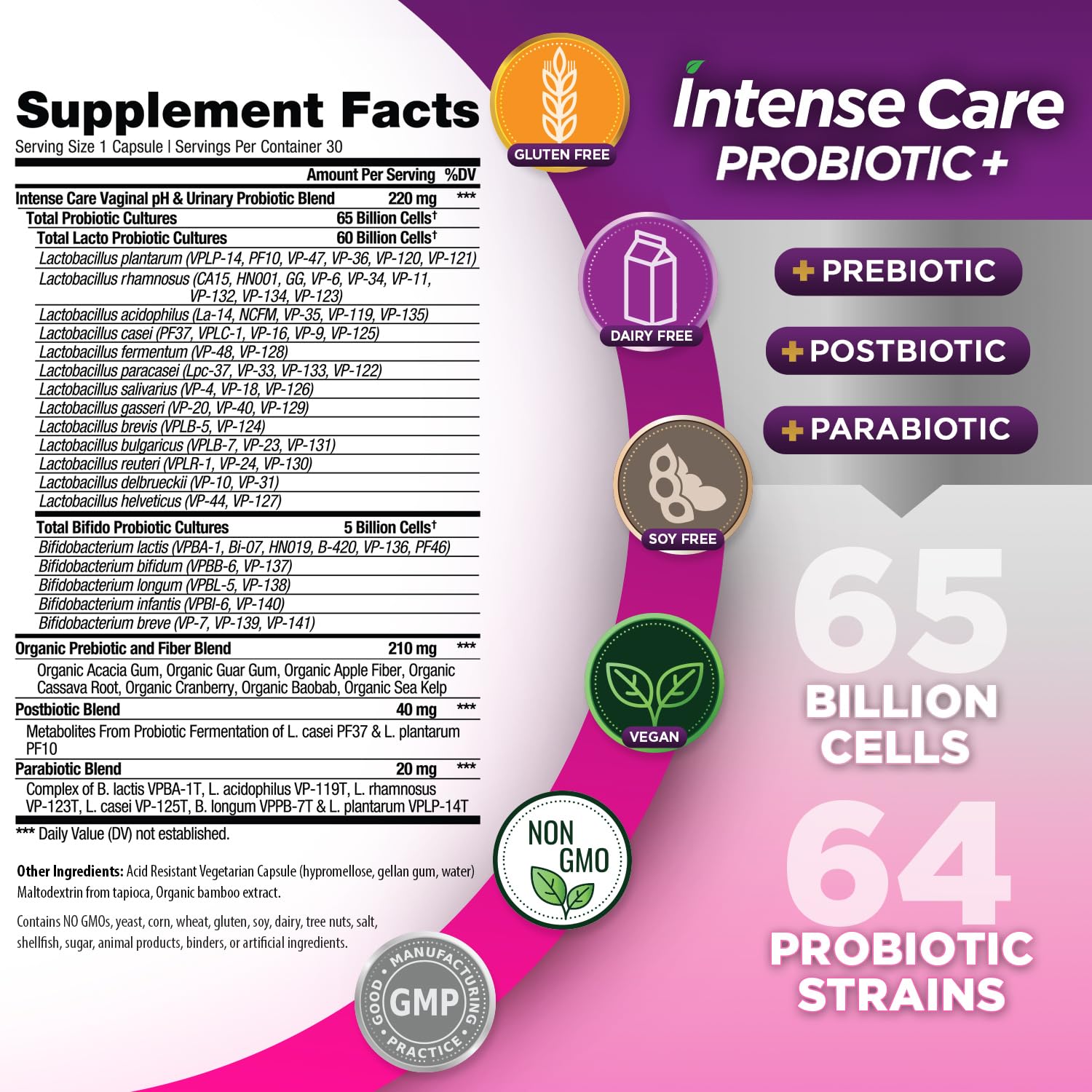 Capsule bottle highlighting 65B CFU and 64 strains