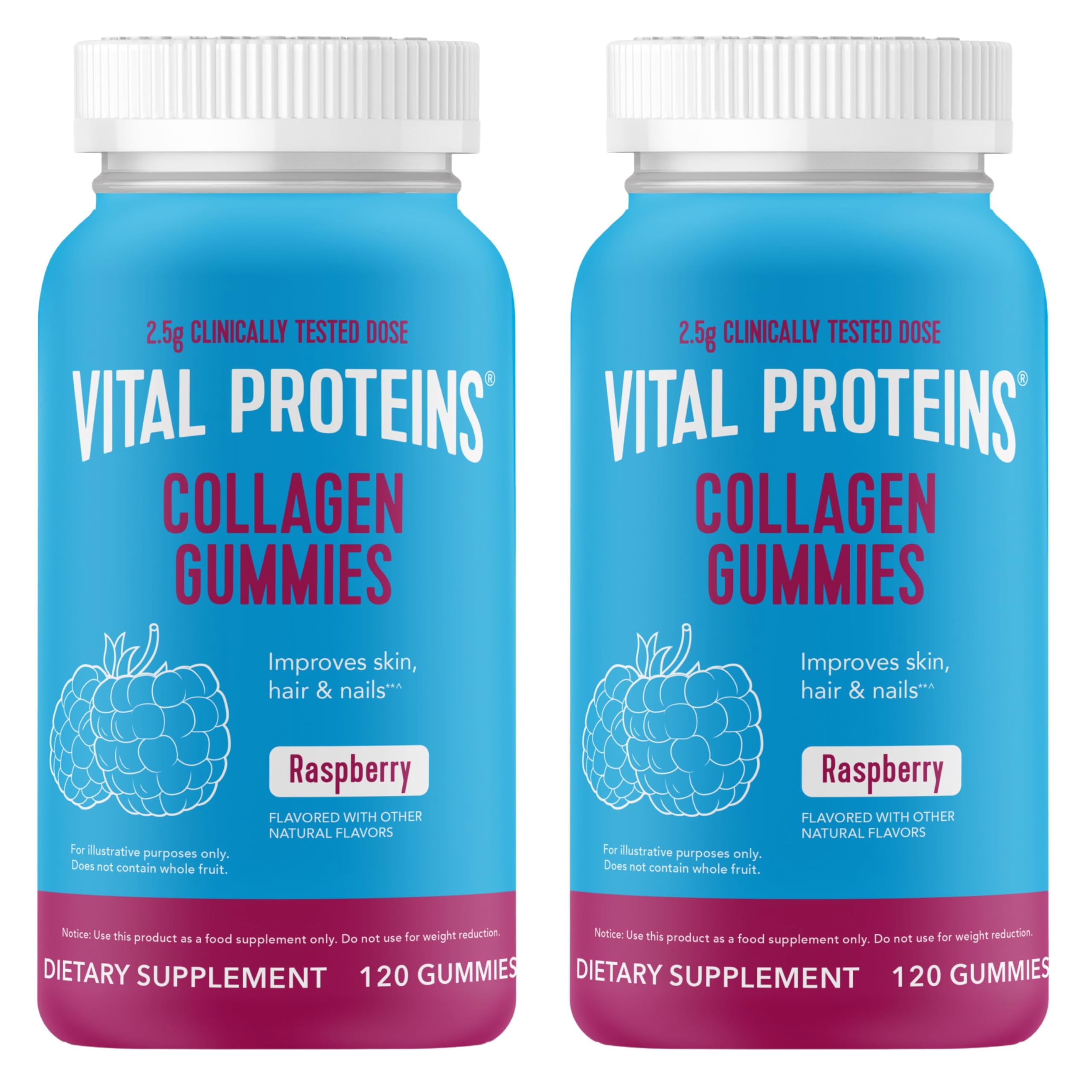 Vital Proteins Collagen Gummies Raspberry bottle showing 120 count per bottle in a 2 pack