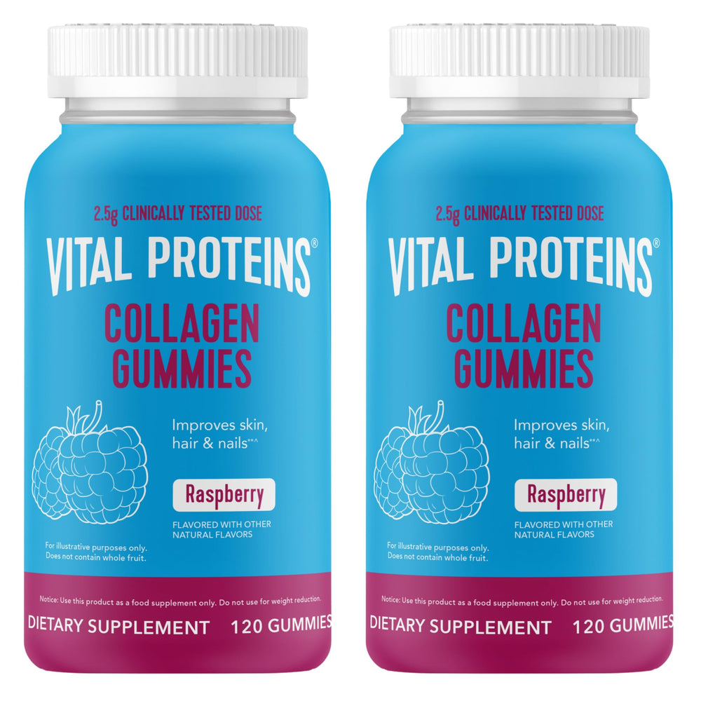 Vital Proteins Collagen Gummies Raspberry bottle showing 120 count per bottle in a 2 pack
