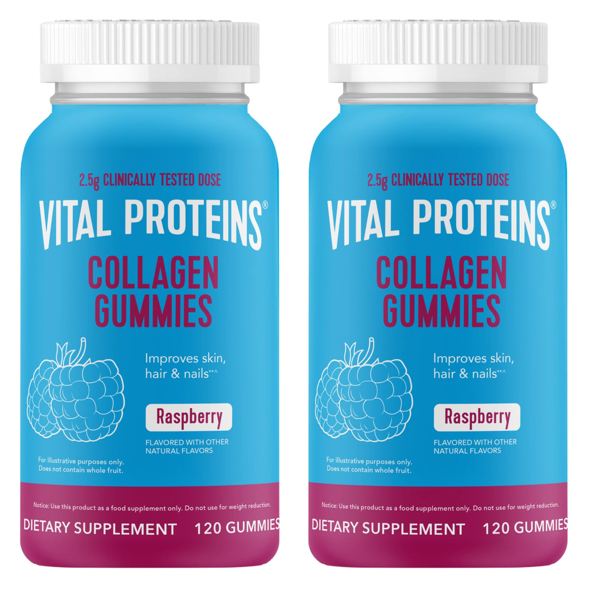 Vital Proteins Collagen Gummies Raspberry bottle showing 120 count per bottle in a 2 pack