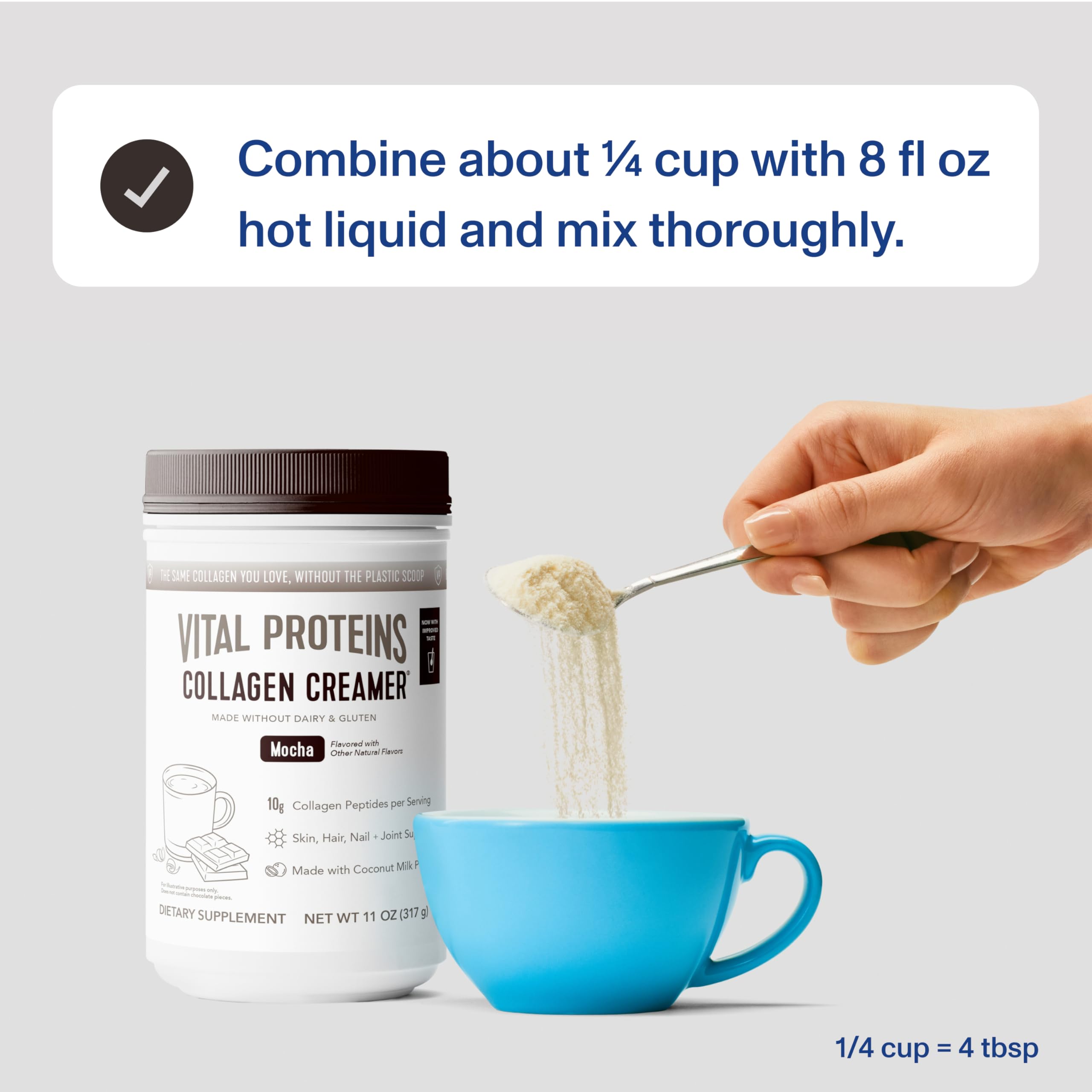 Collagen peptides powder in coffee cup with Mocha flavor