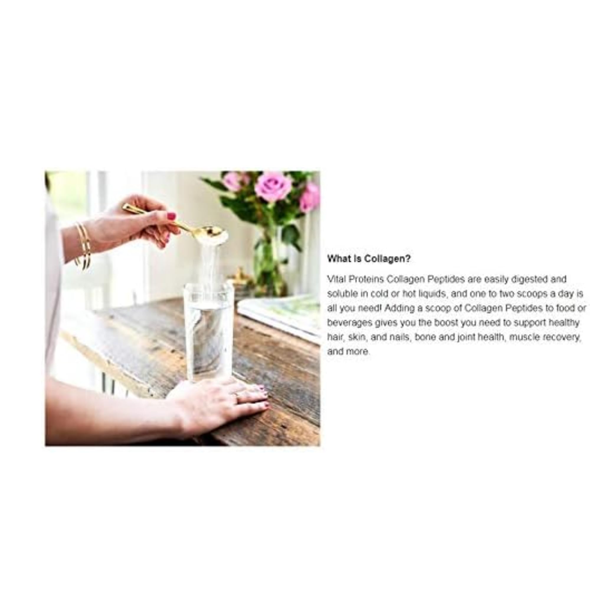 Cup with collagen peptides scoop and product