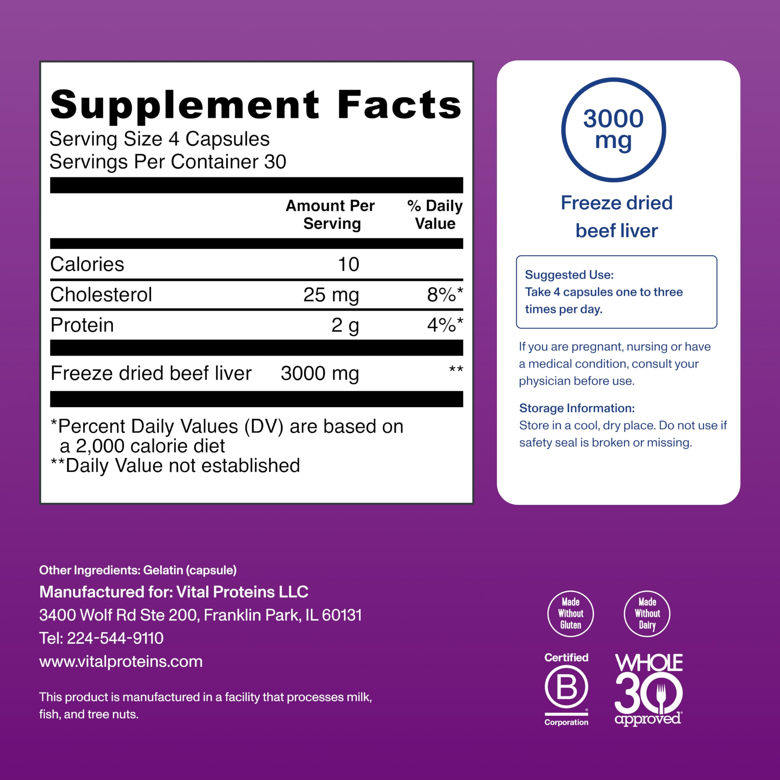 Nutrition label highlighting Vitamin B12 on Vital Proteins beef liver capsules