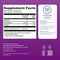 Nutrition label highlighting Vitamin B12 on Vital Proteins beef liver capsules