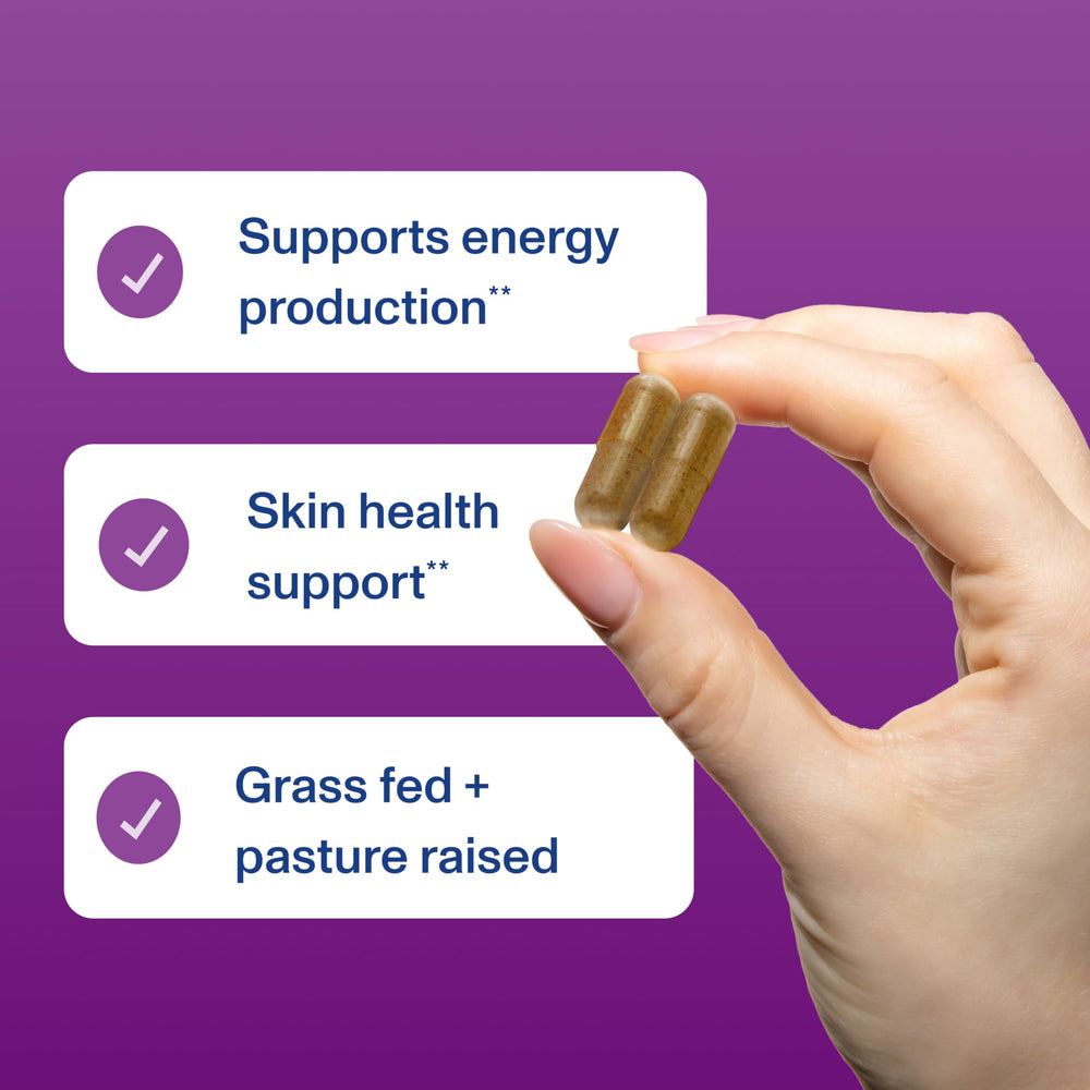 Lifestyle shot of Vital Proteins beef liver capsules on a kitchen counter