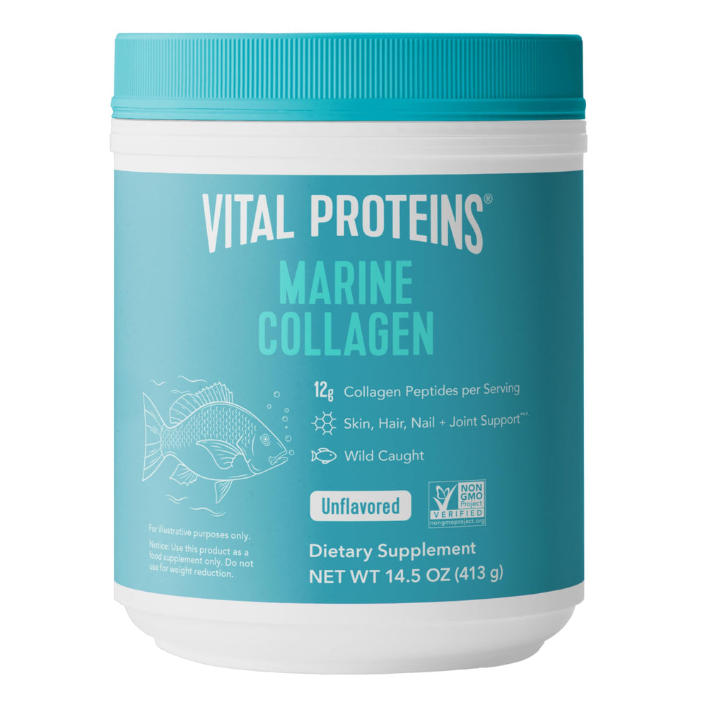 Vital Proteins Marine Collagen Peptides powder bottle; flavorless daily supplement for drinks.