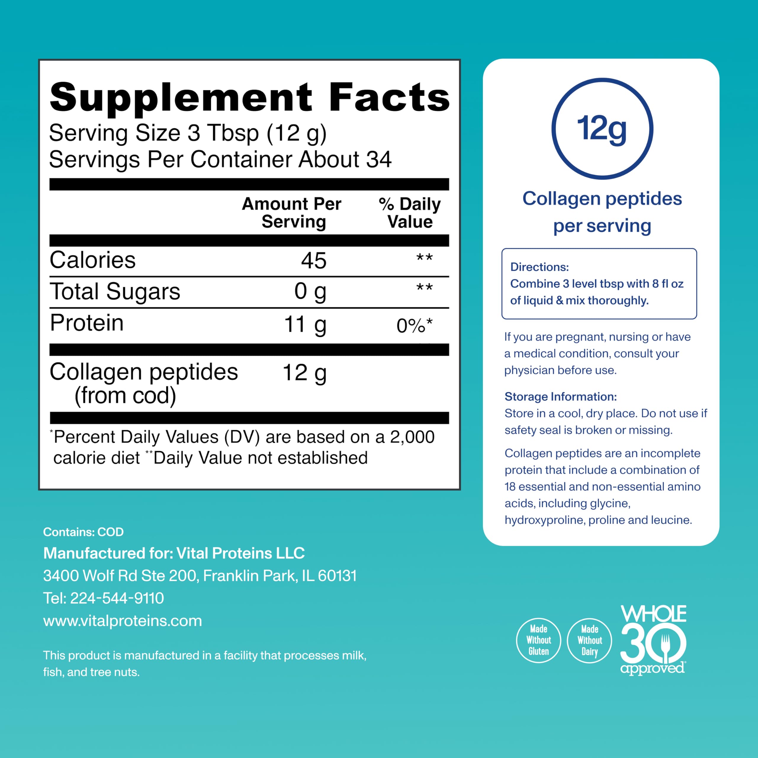 Vital Proteins Marine Collagen Peptides canister closeup; flavorless ingredient for recipes.