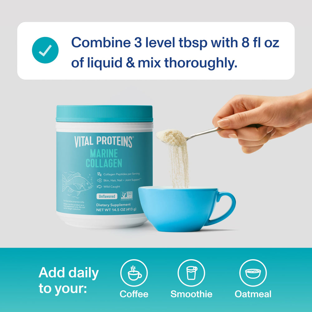 Vital Proteins Marine Collagen Peptides powder poured into coffee cup; convenient morning boost.