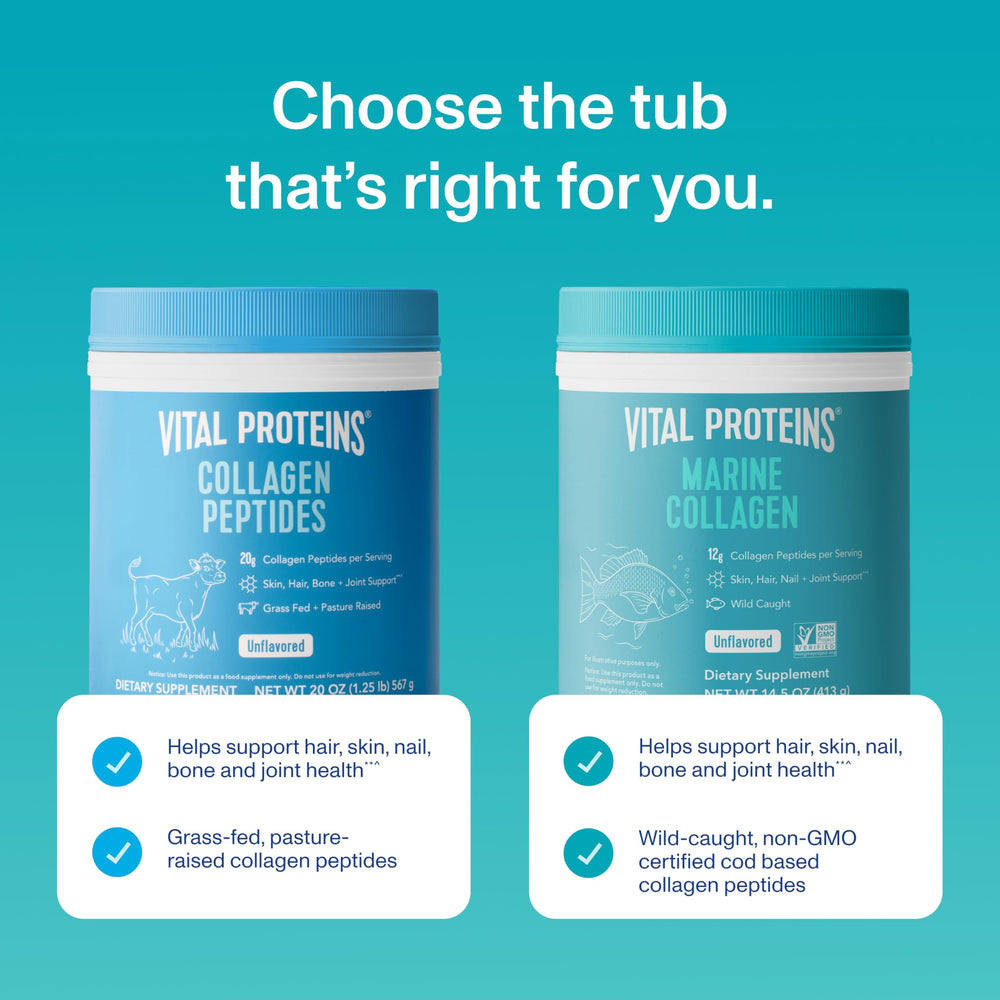 Vital Proteins Marine Collagen Peptides powder glass with stirred drink; supports daily wellness.