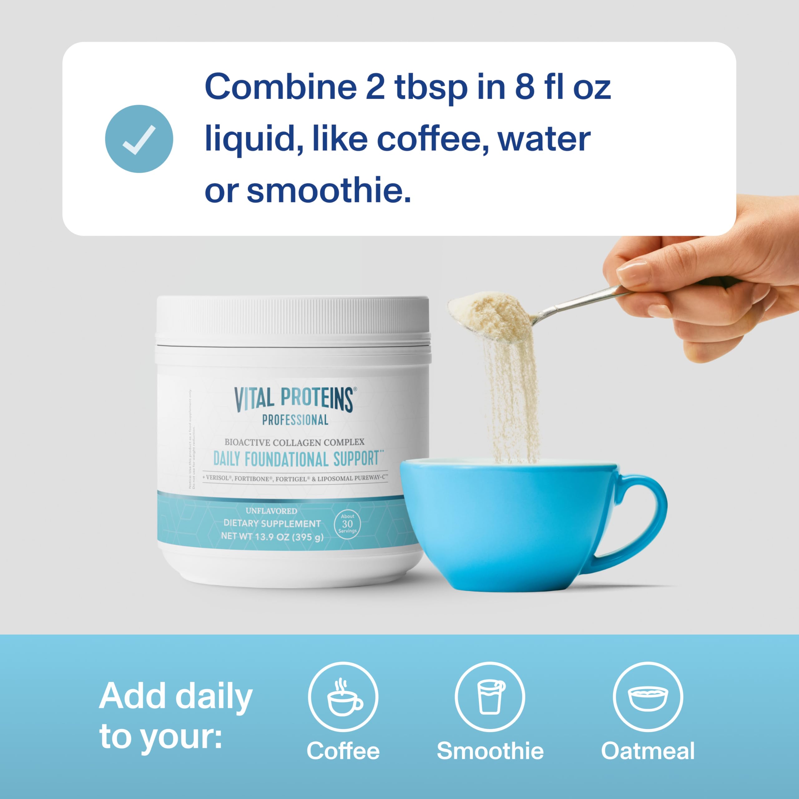 Prepared beverage with collagen powder in a glass