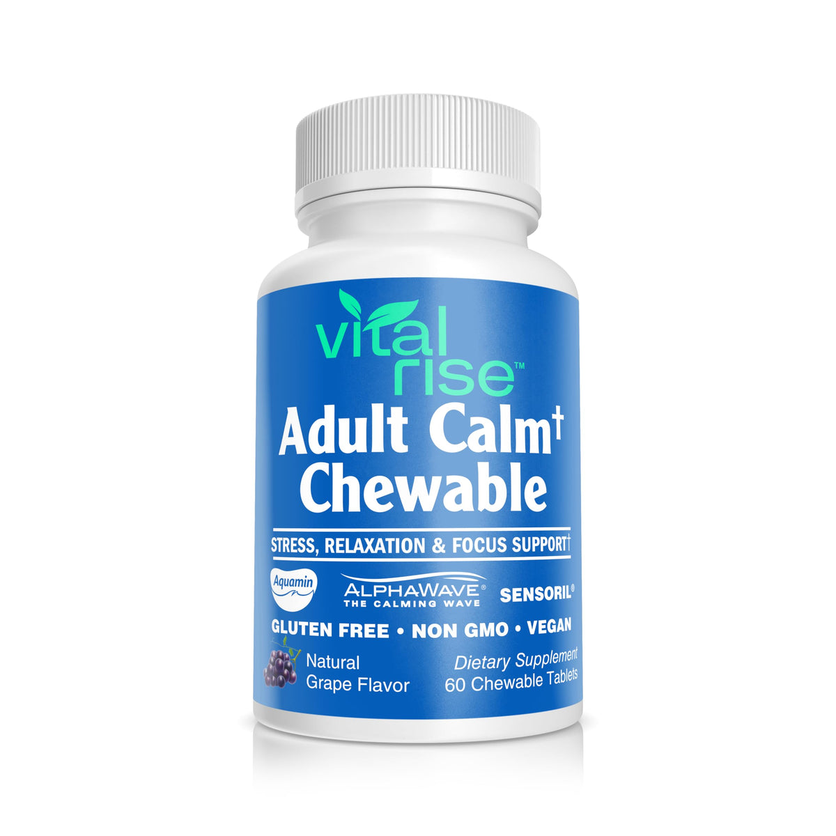 Front view of Vital Rise Magnesium & Ashwagandha Chewables bottle (60 count)