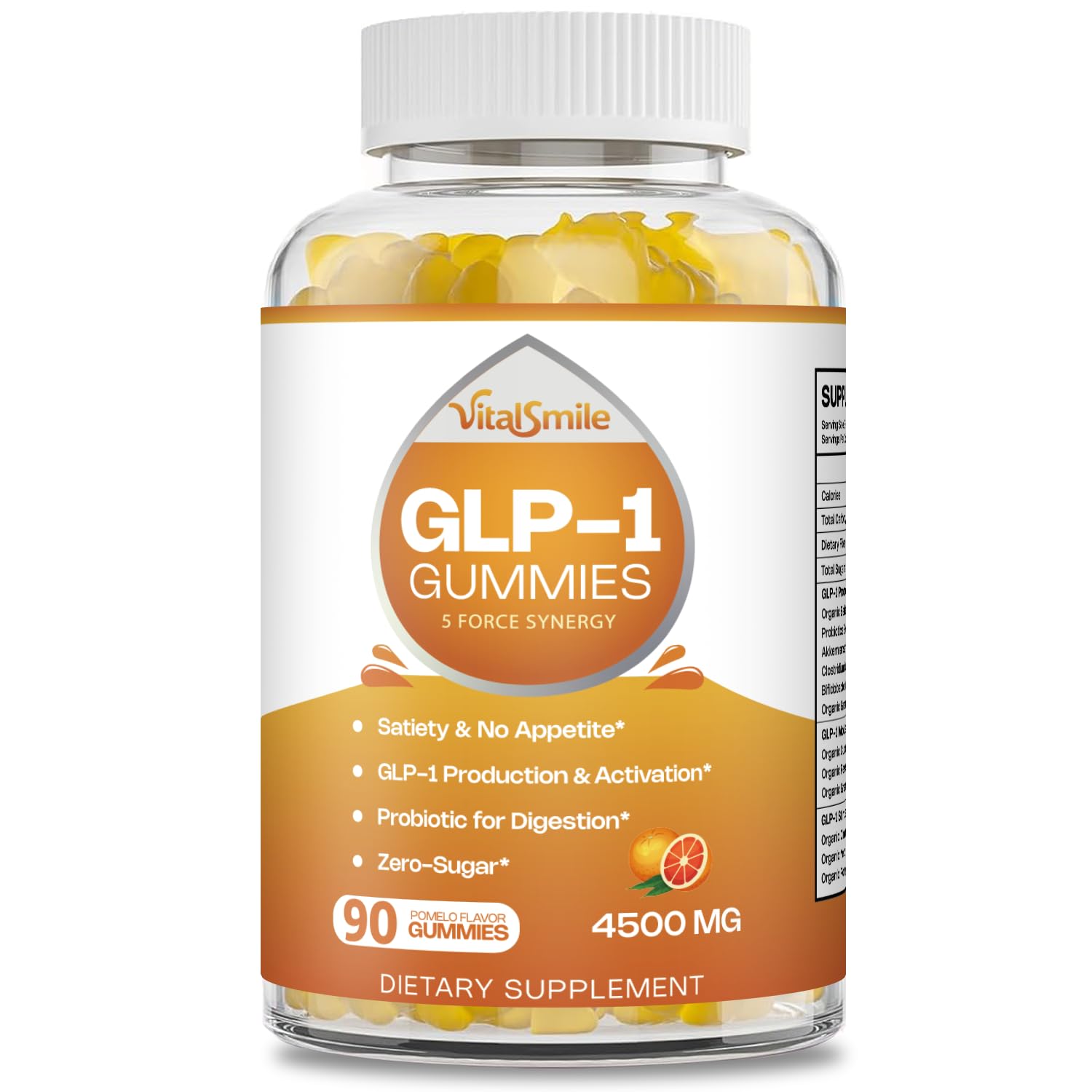 VitalSmiles GLP-1 Gummies bottle front shows zero-sugar GLP-1 support.