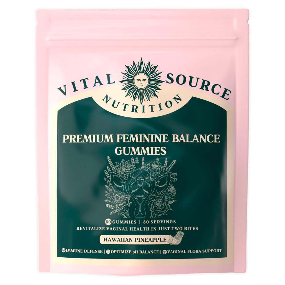 Bottle of Vital Source Nutrition Premium Feminine Balance Gummies with Hawaiian pineapple flavor