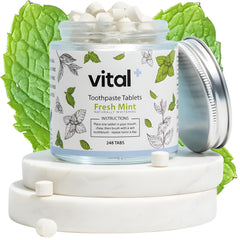 Front label of Vital Toothpaste Tabs showing 7% Nano-Hydroxyapatite