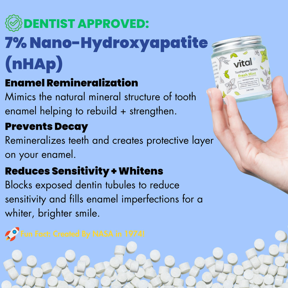 Glass jar and kraft box packaging for Vital Toothpaste Tabs