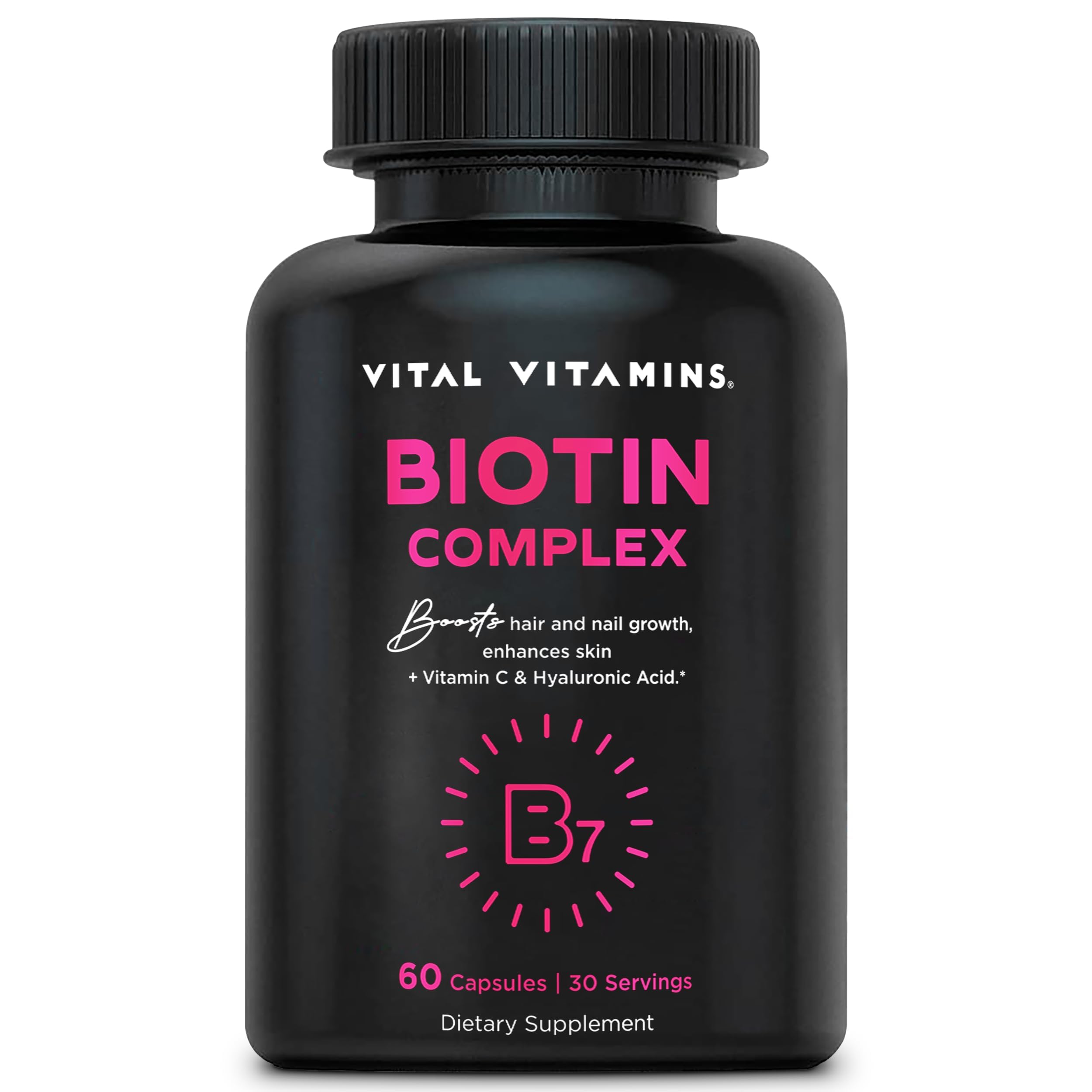 Vital Vitamins Biotin Complex bottle with 60 capsules on white background