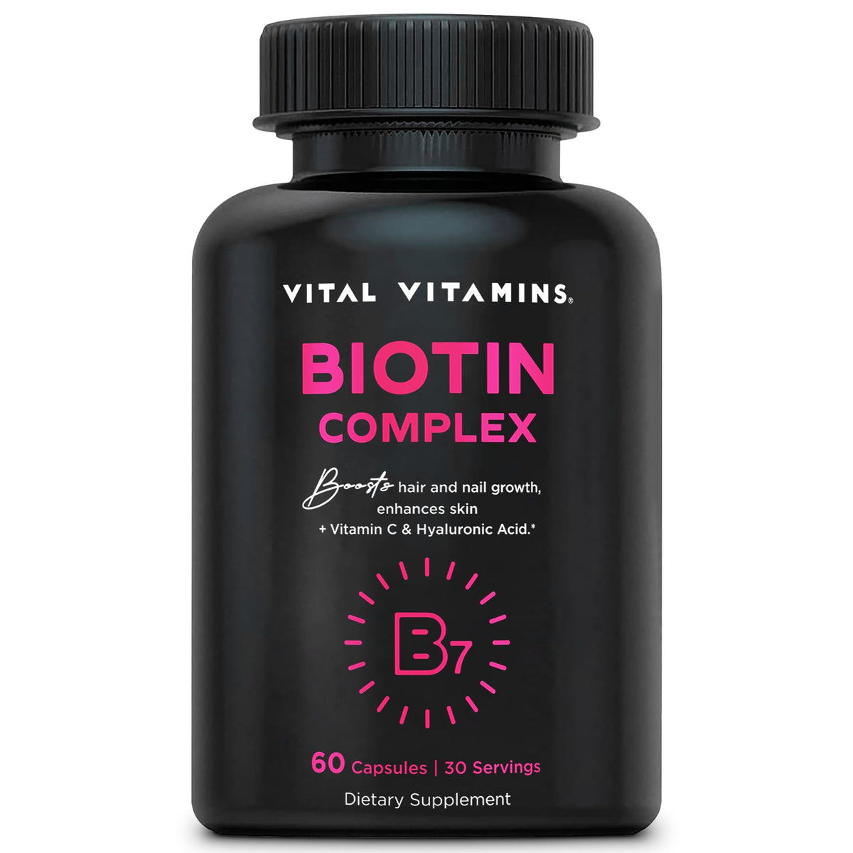 Vital Vitamins Biotin Complex bottle with 60 capsules on white background