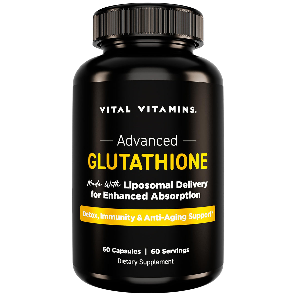 Vital Vitamins Glutathione 500mg liposomal supplement bottle label on white background