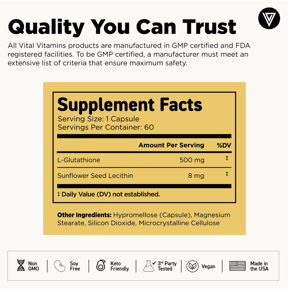 Premium label featuring non-GMO, vegan, gluten-free and third-party tested marks