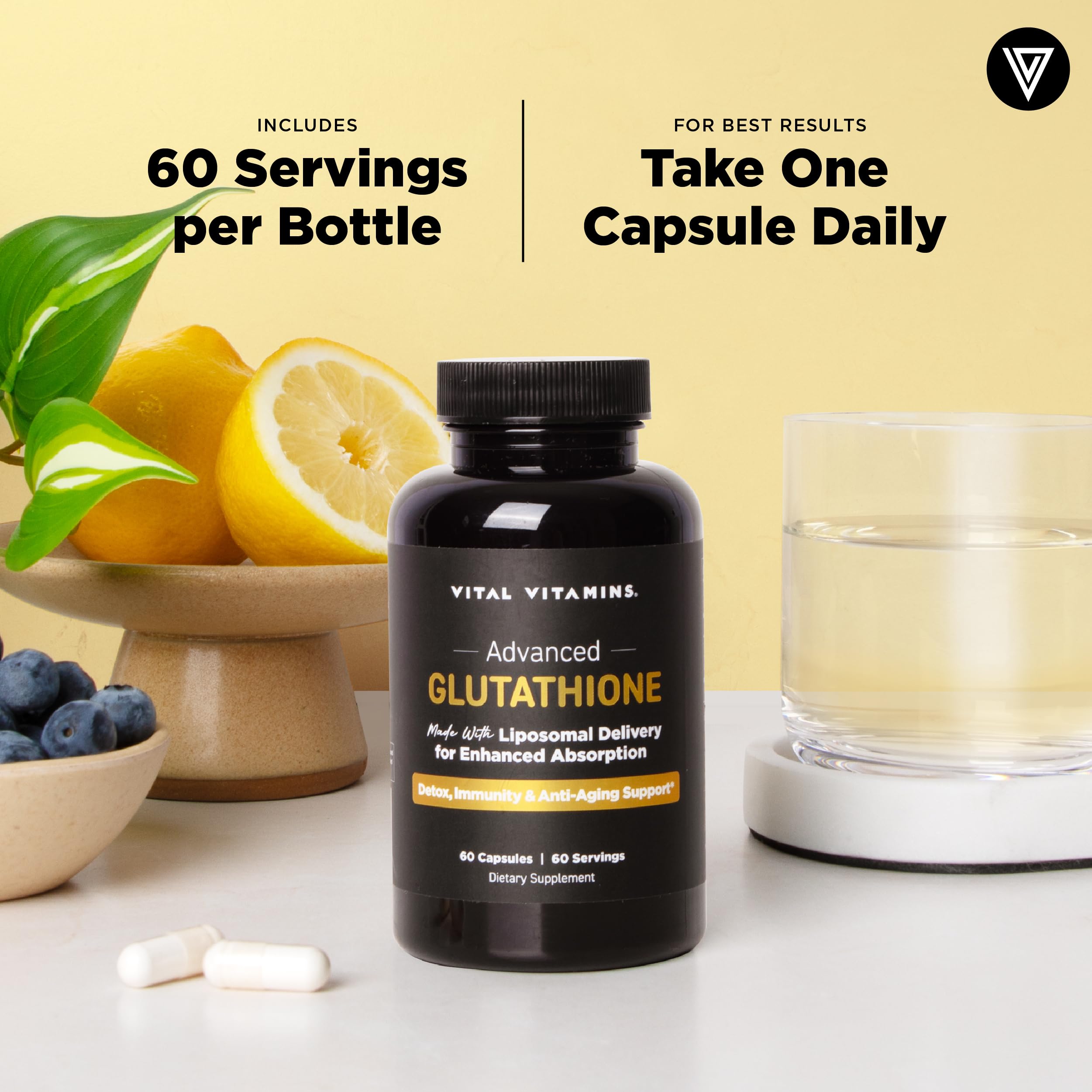 Glutathione bottle with a measuring scoop beside it