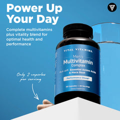 Close-up of bottle label highlighting amino acids and Maca Root