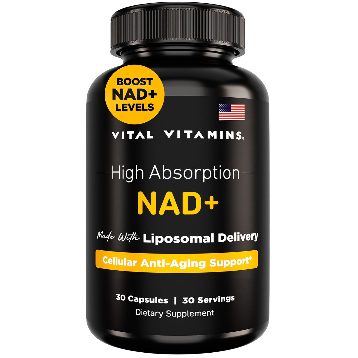 Front of Vital Vitamins NAD+ supplement bottle with label