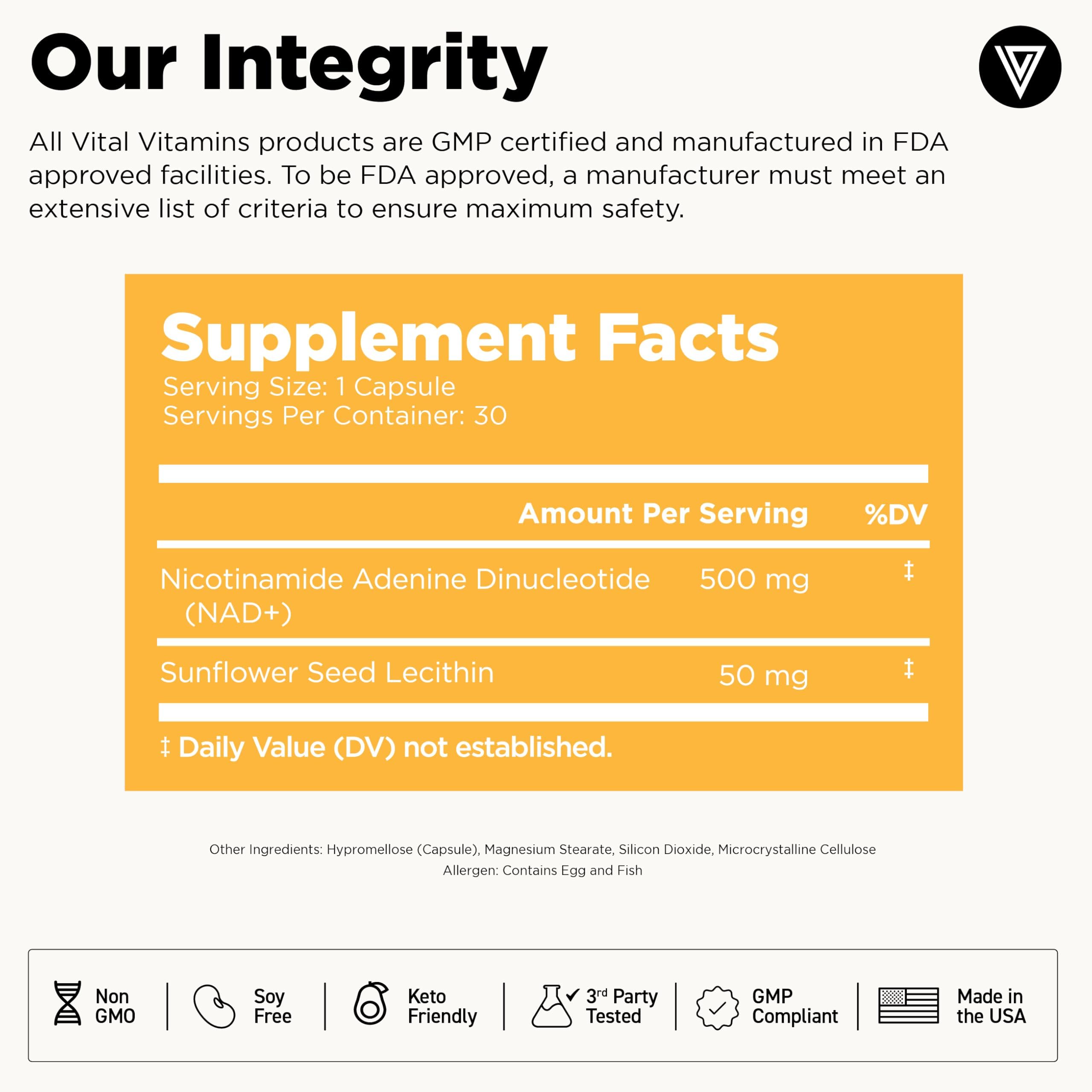 Ingredients for Vital Vitamins NAD+ supplement