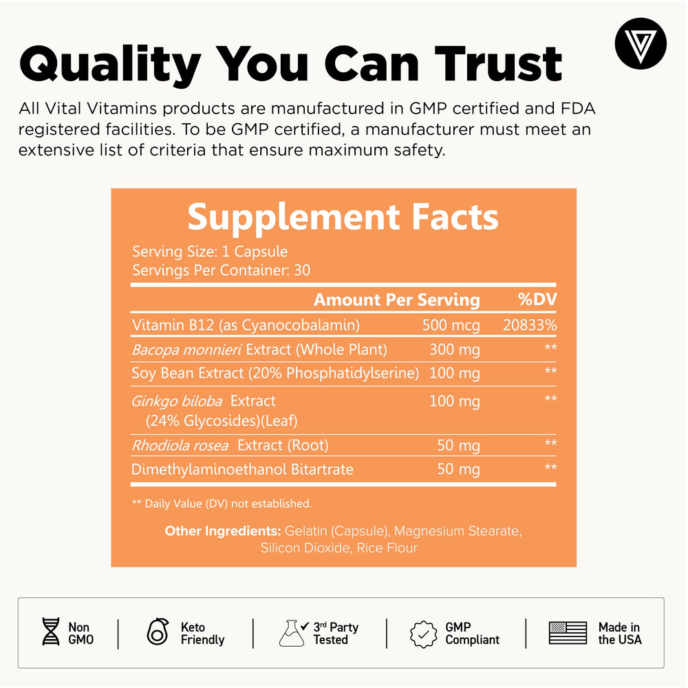 Caffeine-free nootropic label on Vital Vitamins packaging.