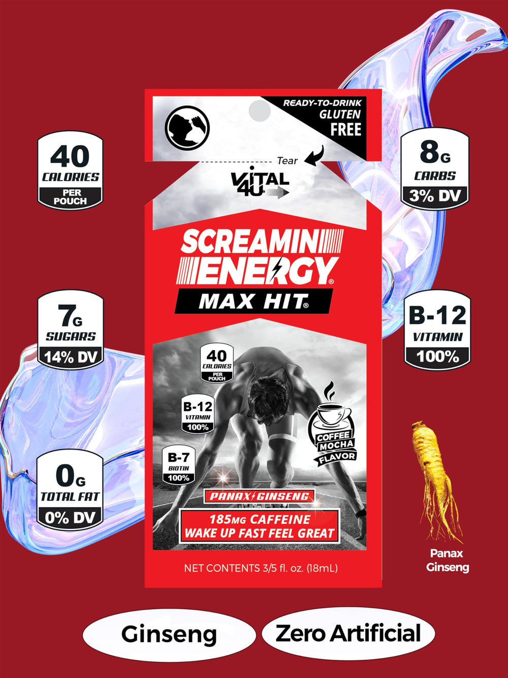 VITAL 4U Screamin Energy Max Hit ginseng and B vitamins label close-up.