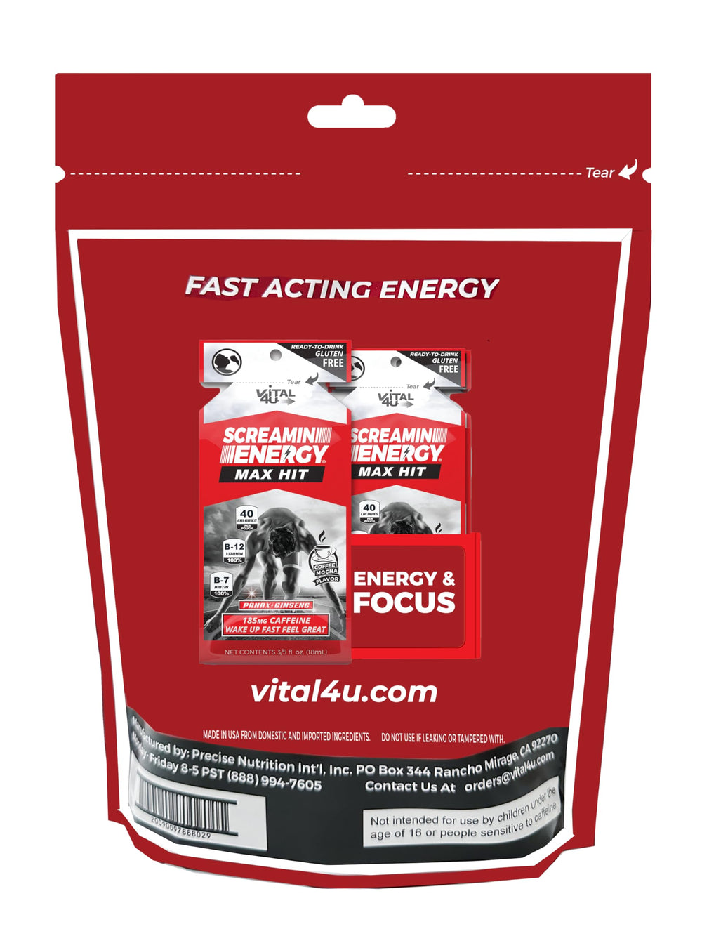 VITAL 4U Screamin Energy Max Hit pouch opened for on-the-go caffeine.