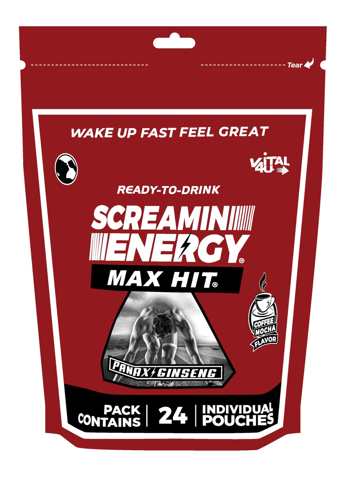 VITAL 4U Screamin Energy Max Hit pouch ready-to-drink for a quick energy boost.