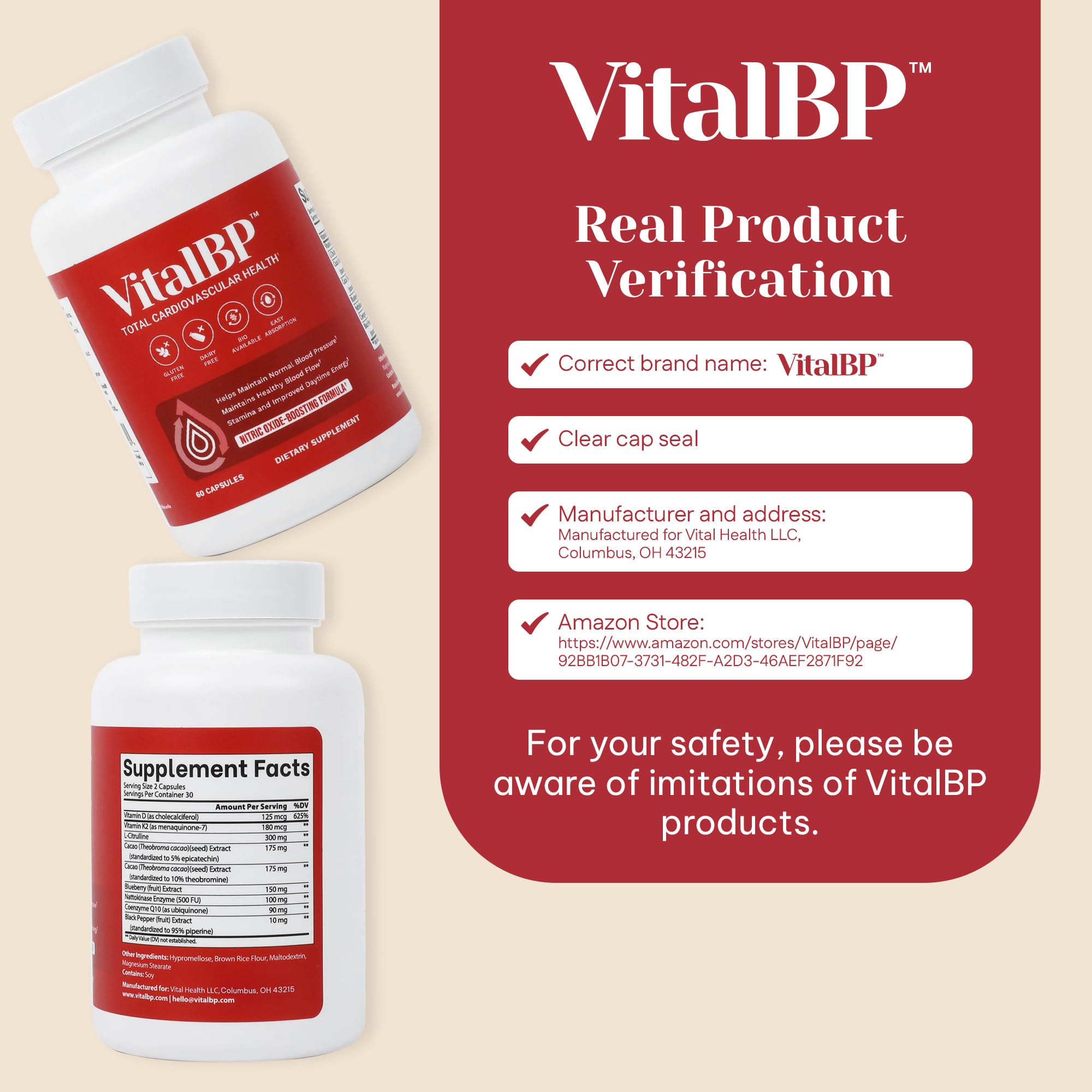 VitalBP 4-pack bottle back with supplement facts for clear ingredient transparency.