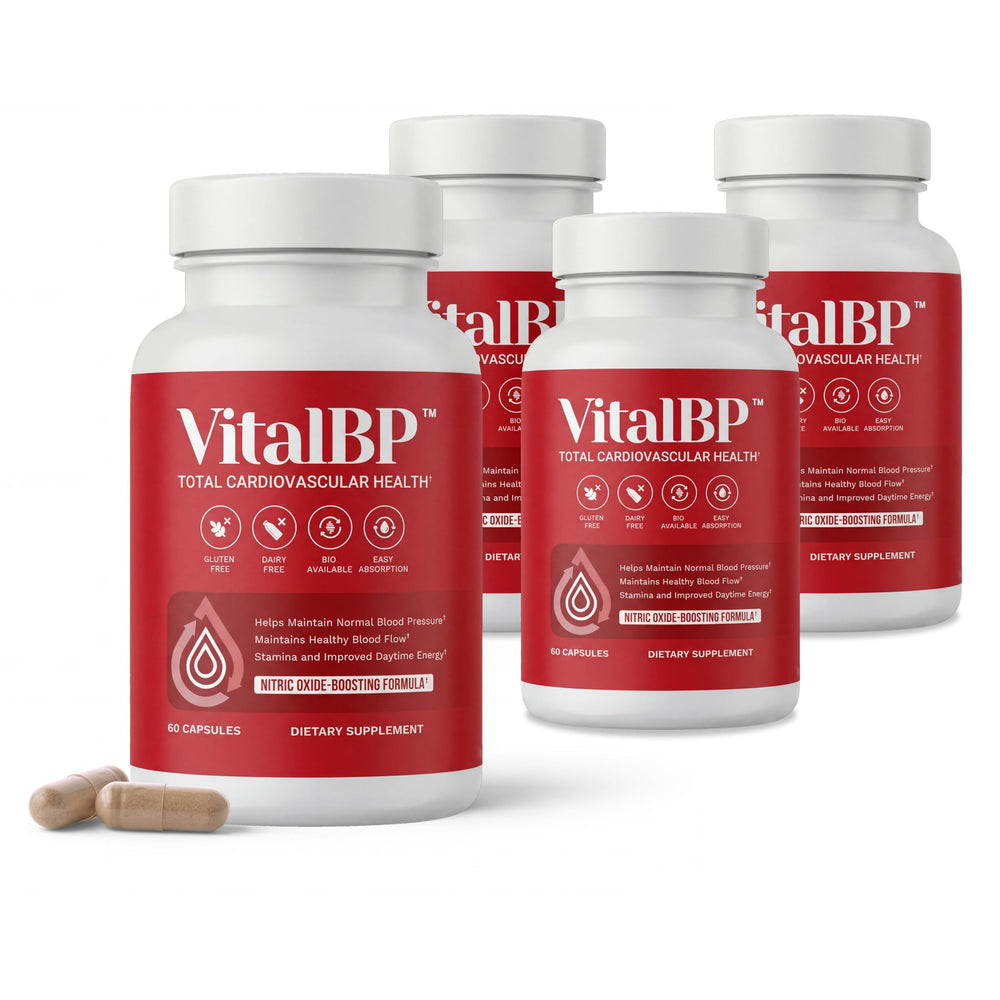 VitalBP 4-pack bottle front highlighting daily circulation support with easy-to-take capsules.