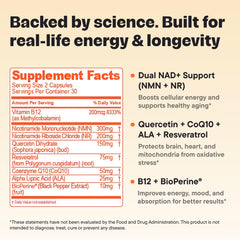 Graphic showing Resveratrol, CoQ10, Alpha Lipoic Acid, Quercetin and Vitamin B12