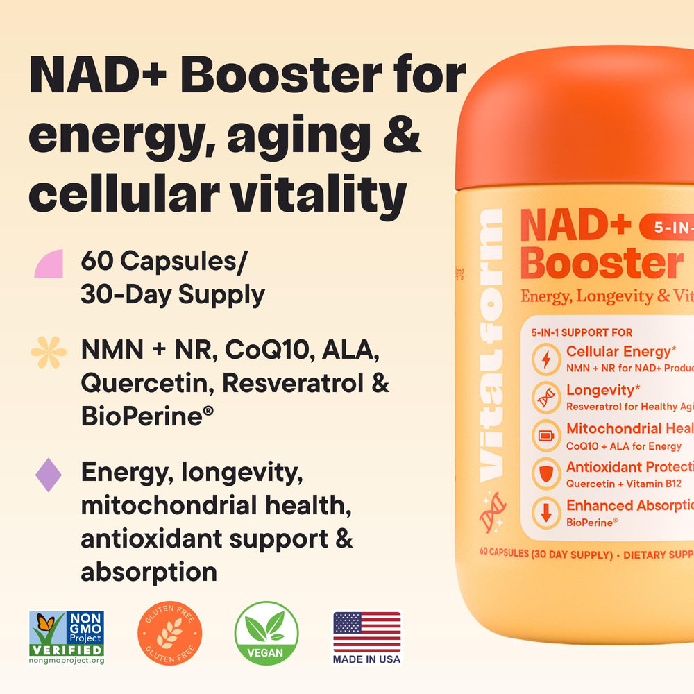 VitalForm NAD+ Booster packaging with 60 vegan capsules displayed
