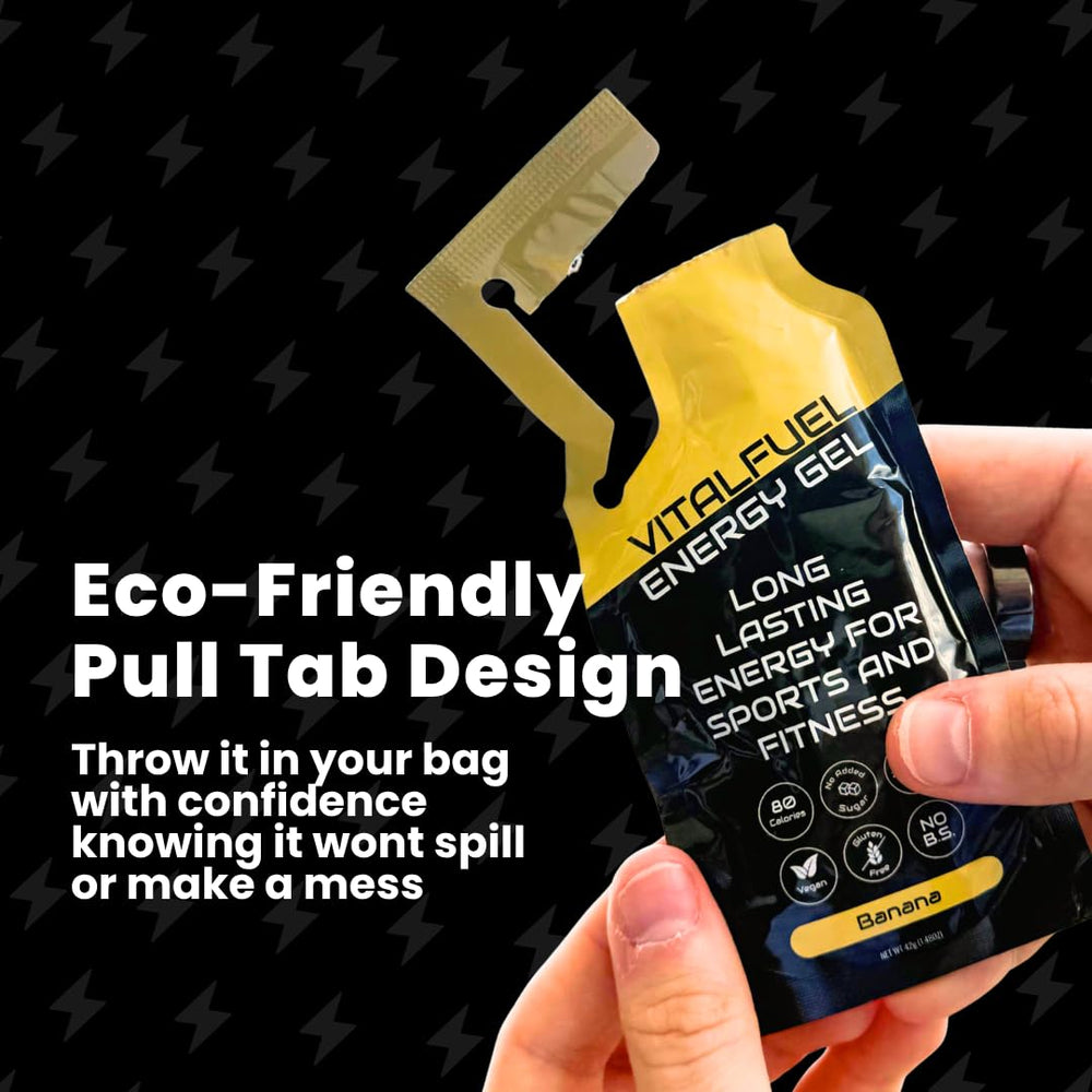 VitalFuel eco pull-tab gel image demonstrates recyclable packaging design