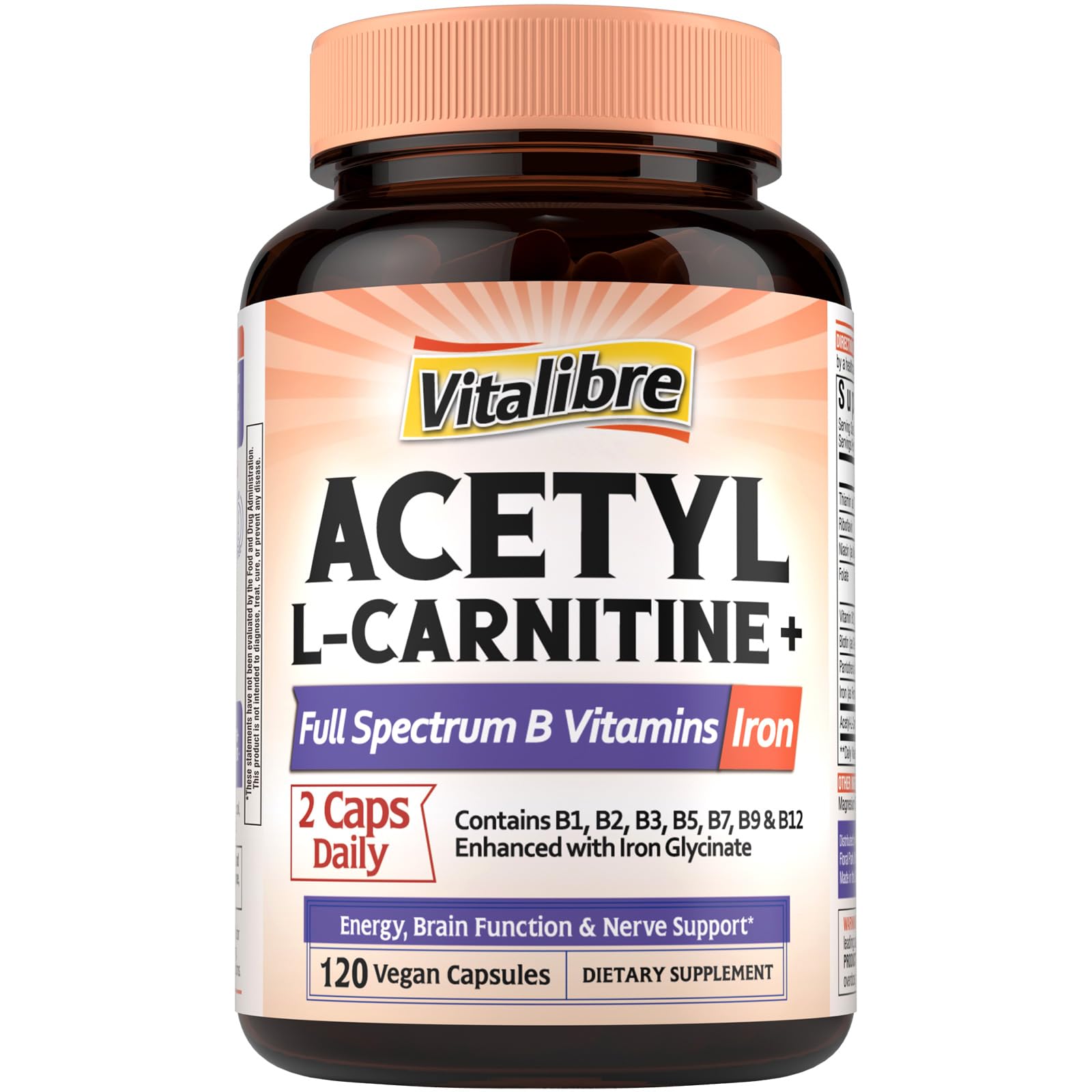 Front view of Vitalibre Acetyl-L-Carnitine HCl 1250mg bottle with B vitamins and iron label